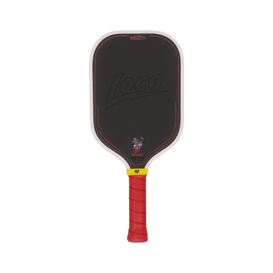 Bread & Butter LOCO 2 Elongated (Blanco), front view | dark face with the LOCO logo, whitish edge guard, red grip and yellow band