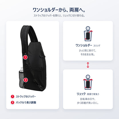 Selkirk Core スリングバッグは2WAY｜ワンショルダーから、ストラップのジッパーを開いて両肩のリュックに切り替え。バックルで長さ調整