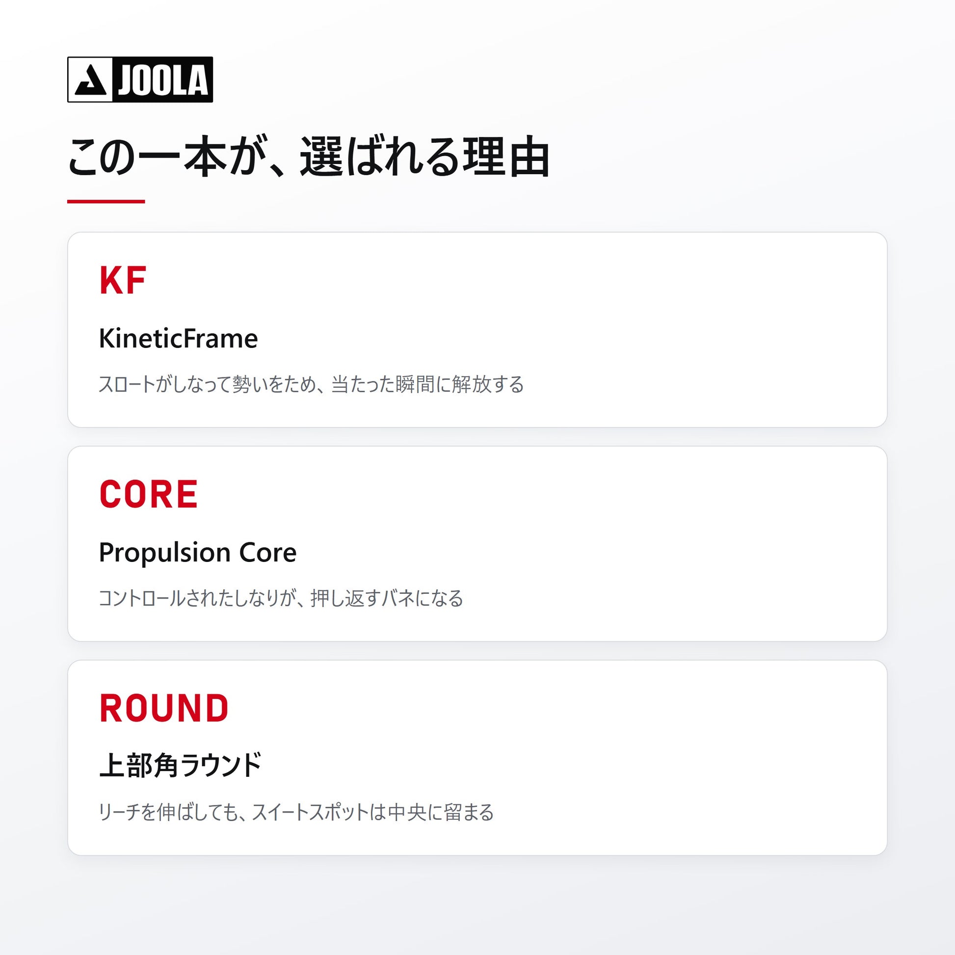 KineticFrame・Propulsion Core・上部角ラウンドの3つの特長