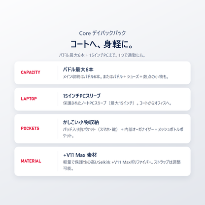 Core デイバックパックはパドル最大6本・15インチPCスリーブ・かしこい小物収納・+V11 Max素材
