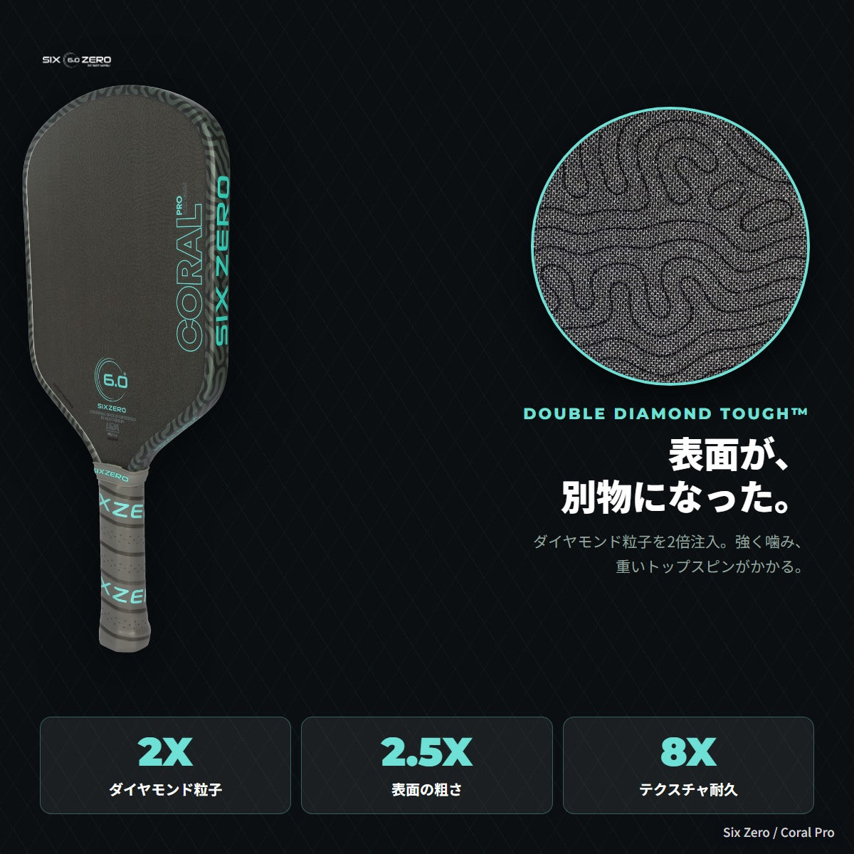 Double Diamond Tough表面。ダイヤモンド粒子2倍・粗さ2.5倍・耐久8倍で強くボールを噛む