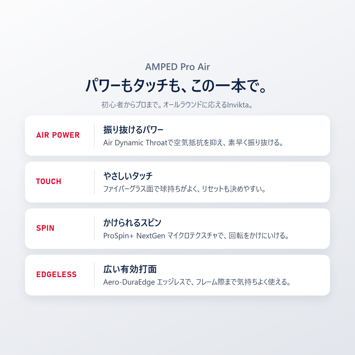 AMPED Pro Air はパワーもタッチもこの一本で｜Air Dynamic Throatの振り抜け・ファイバーグラス面のタッチ・ProSpin+ NextGenのスピン・エッジレスで広い有効打面
