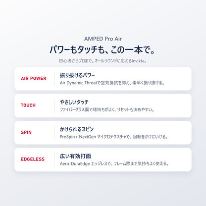 AMPED Pro Air はパワーもタッチもこの一本で｜Air Dynamic Throatの振り抜け・ファイバーグラス面のタッチ・ProSpin+ NextGenのスピン・エッジレスで広い有効打面