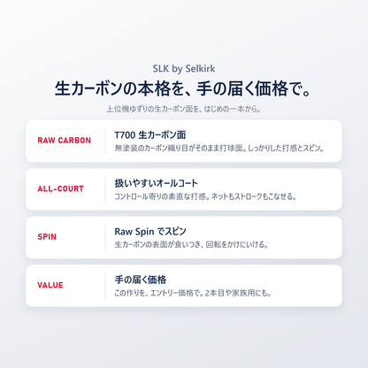 SLK Geo は生カーボンの本格を手の届く価格で｜T700生カーボン面・扱いやすいオールコート・Raw Spinでスピン・USA Pickleball公認