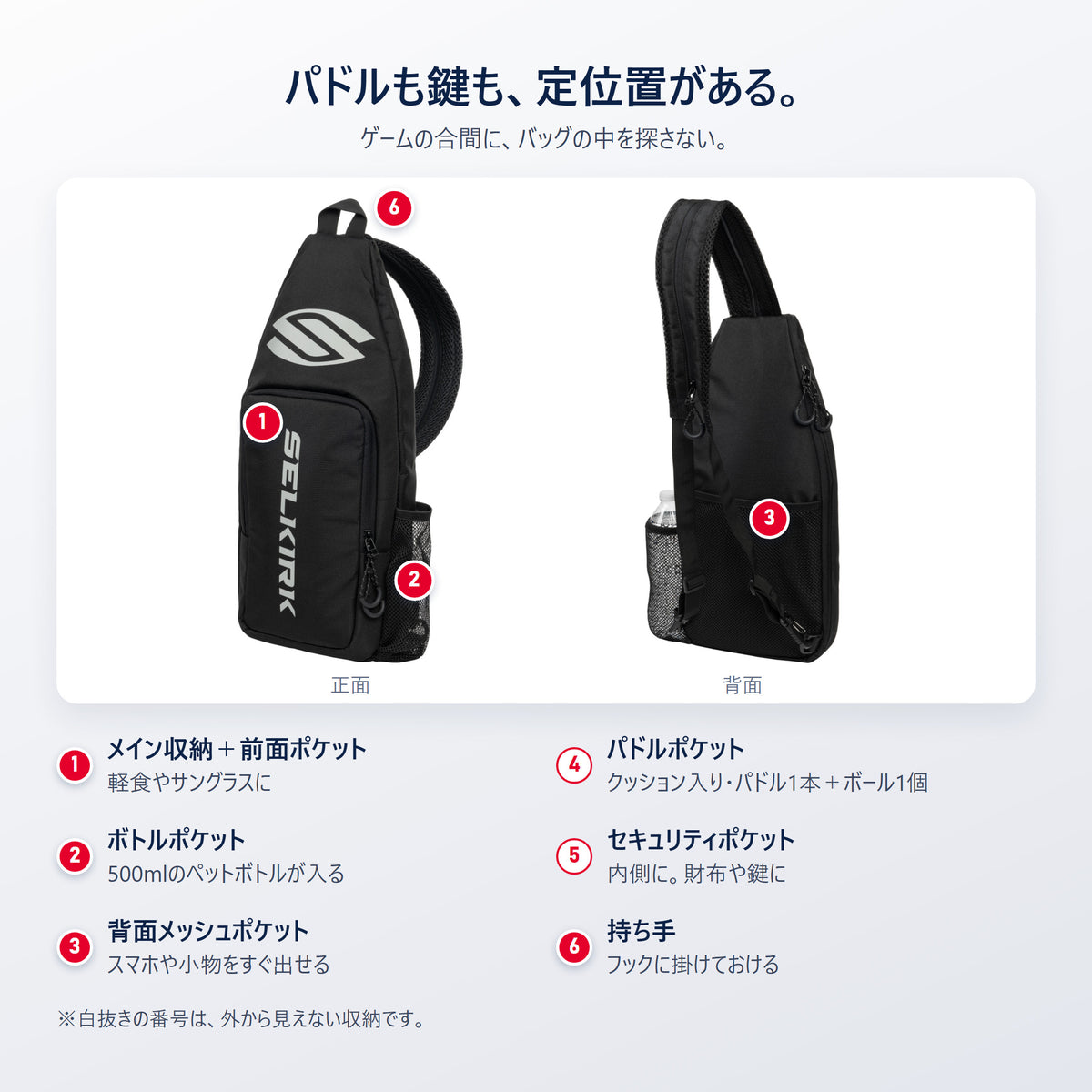 Selkirk Core スリングバッグの収納｜パドル1本＋ボール1個、500mlペットボトル、背面メッシュ、前面ジッパー、内側セキュリティポケット、持ち手
