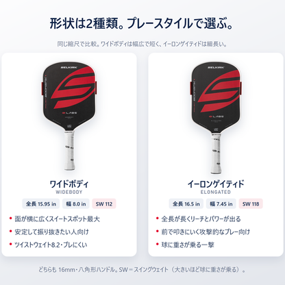 Selkirk Boomstik ワイドボディとイーロンゲイティドの違い｜全長・幅・スイングウェイト112と118の比較、どちらも16mm・八角形ハンドル