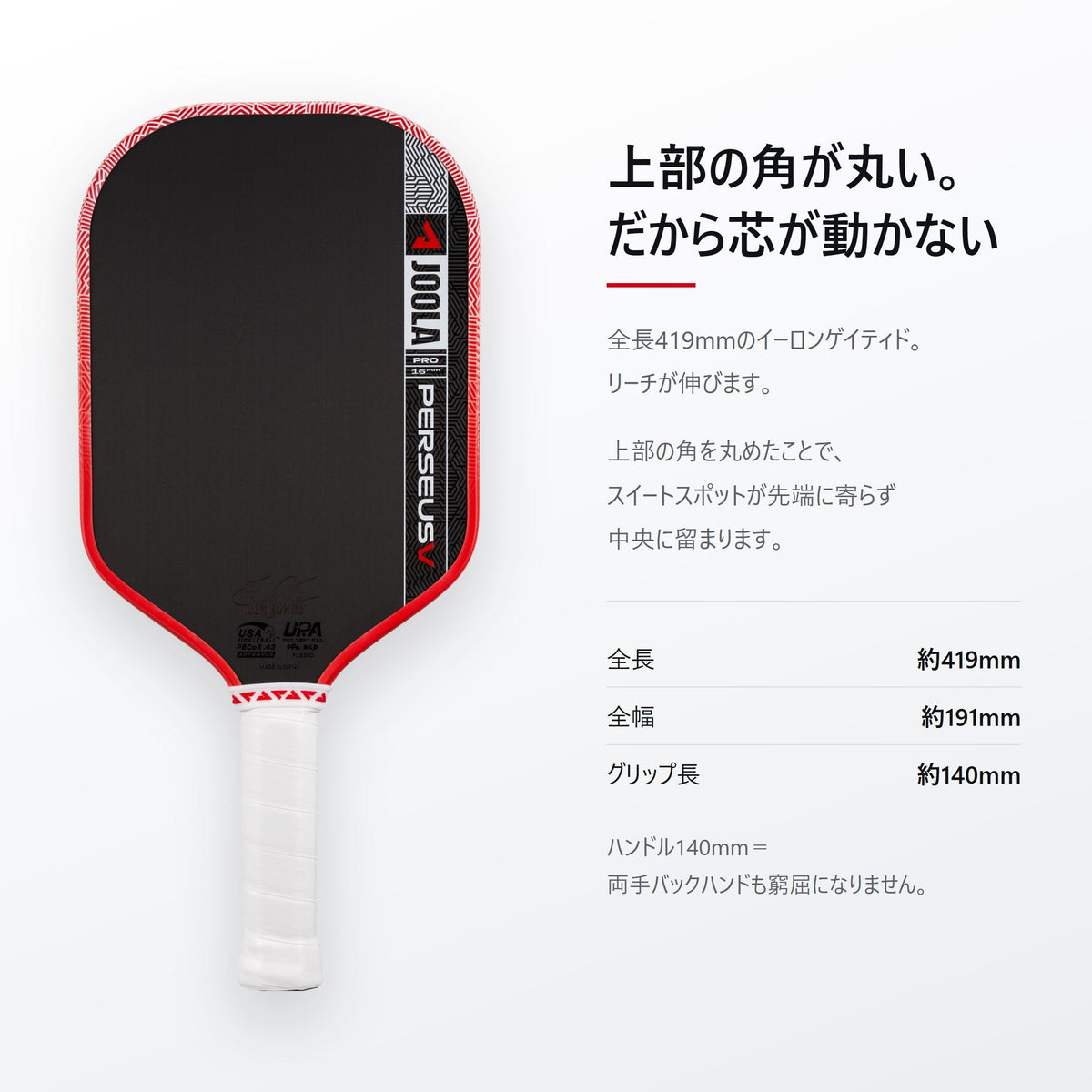 上部の角が丸いイーロンゲイティド形状。全長419mm・全幅191mm