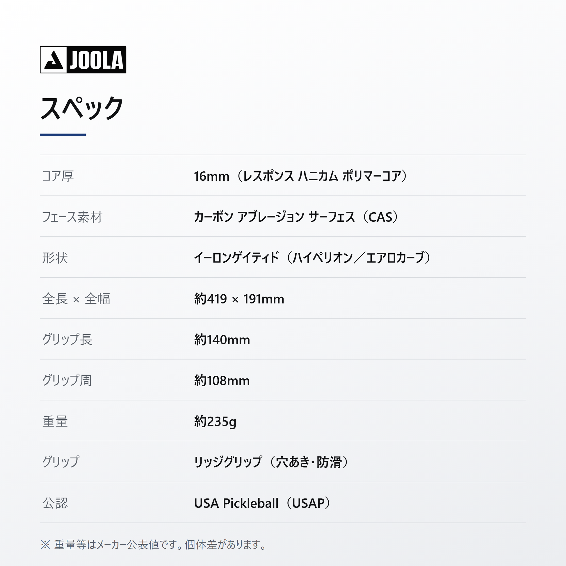 JOOLA ヨーラ ハイペリオン CAS ピックルボール パドル spec