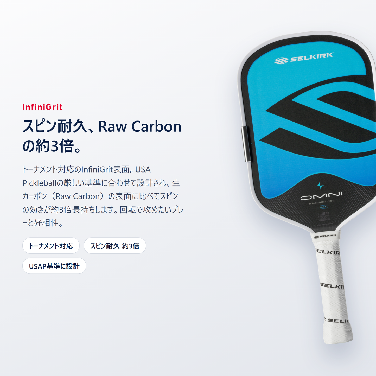 Selkirk OMNI の InfiniGrit｜トーナメント対応の表面でスピン耐久はRaw Carbonの約3倍
