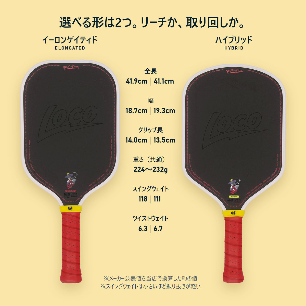 Bread & Butter LOCO 2 の形状比較｜イーロンゲイティド（全長約41.9cm・幅約18.7cm・グリップ長約14.0cm・スイングウェイト118・ツイストウェイト6.3）とハイブリッド（全長約41.1cm・幅約19.3cm・グリップ長約13.5cm・スイングウェイト111・ツイストウェイト6.7）。重さはどちらも約224〜232g