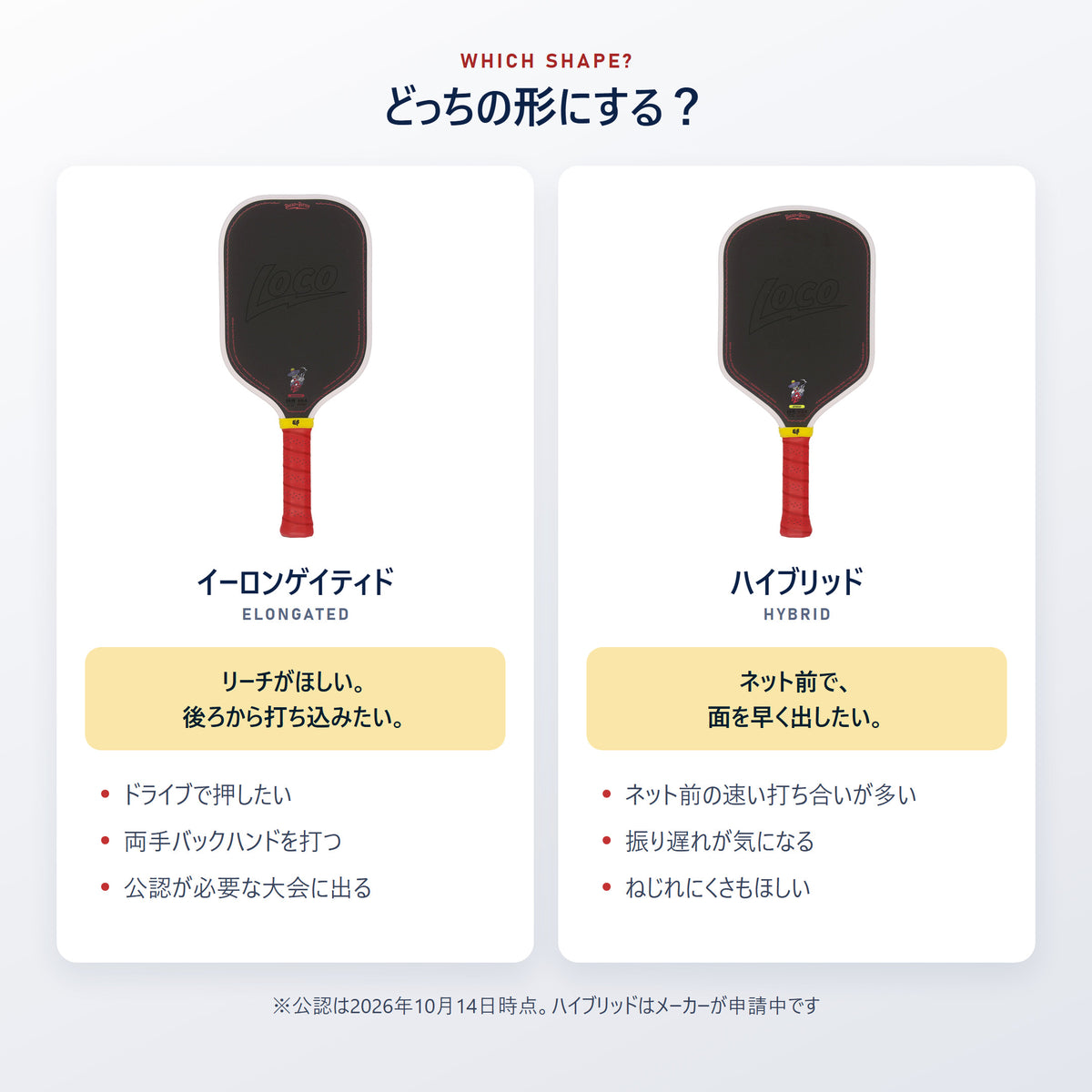 Bread & Butter LOCO 2 の形状の選び方｜リーチとパワーのイーロンゲイティド、ネット前の取り回しとねじれにくさのハイブリッド。公認パドルが必要な大会ならイーロンゲイティド（2026年10月14日時点）