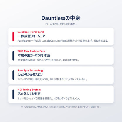 SLK Dauntless の技術｜SoloCore PureFoam一体成型コア・T700生カーボン打球面・Raw Spin Technology・MOI Tuning System・八角形ハンドル