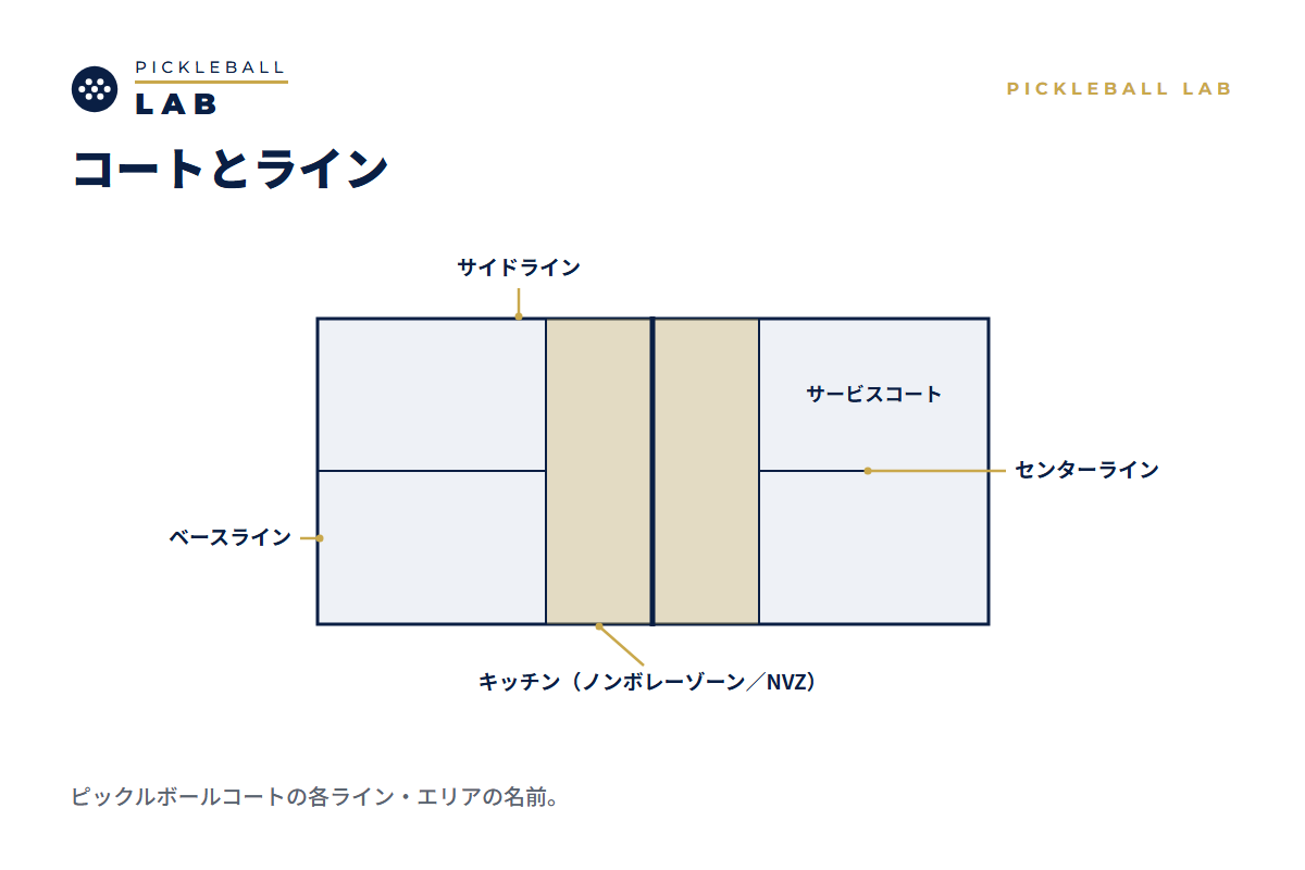ピックルボールのコートの各ライン・エリア図解（ベースライン・サイドライン・キッチン（ノンボレーゾーン／NVZ）・センターライン・サービスコート）